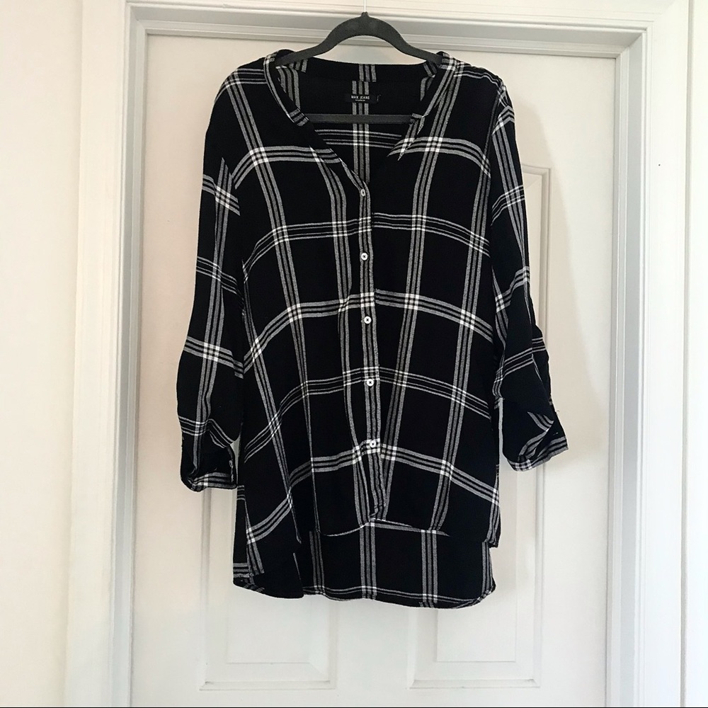 Black and white plaid button up blouse